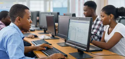 Students in class with desktops on tables